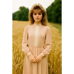 Vintage 80s Prairie Style Core Dress Coral Pink Lantern Sleeve Mock Collar